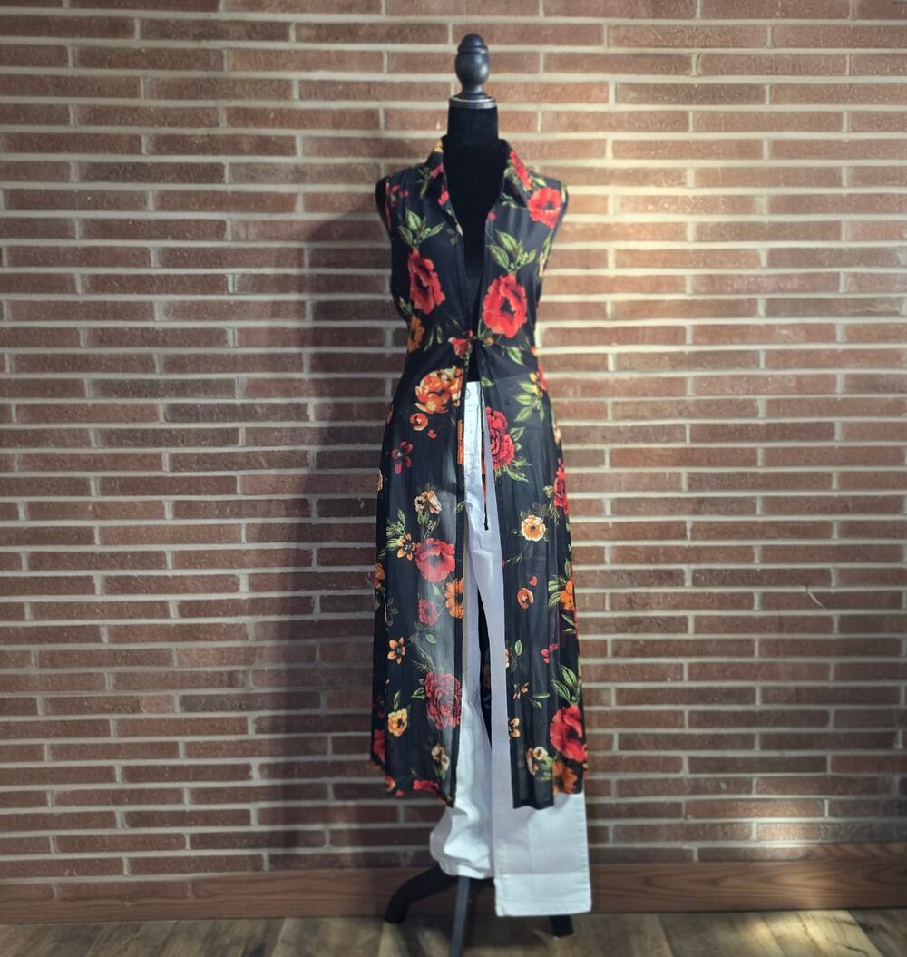 Ember Black Floral Sheer Mesh Tie-Front Maxi Duster Cardigan Vest Size XL